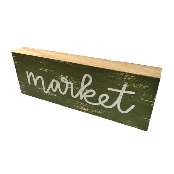 Rustic Market Sign Wooden Farmhouse Decor 6x2x1 Inch Green Distressed Finish - Picture 3 of 6